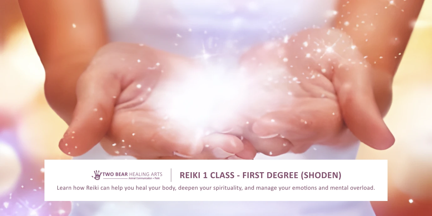 Discover Reiki! Image promotes a Reiki 1 class (Shoden) introducing students to the practice of Reiki for self-healing and treating others.