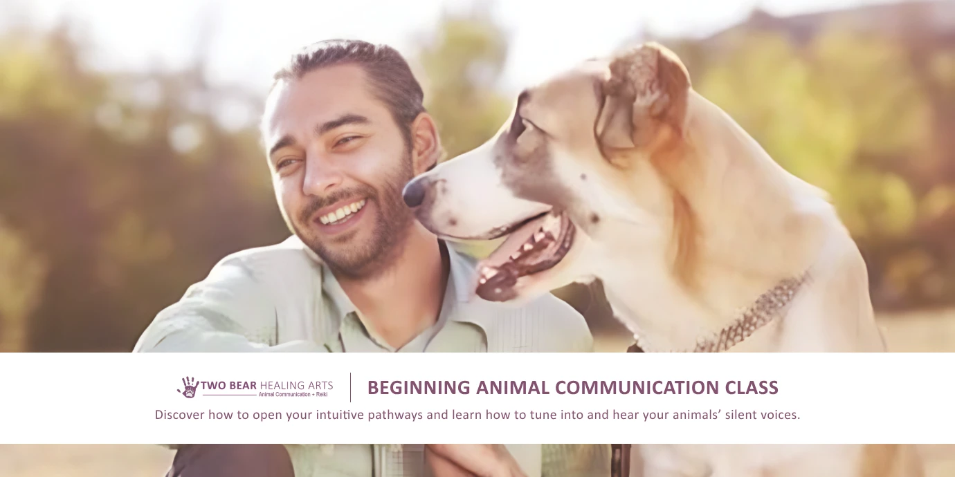 Image of a dog and owner with happy expressions, advertising a beginner animal communication class to help you understand your furry friend better.